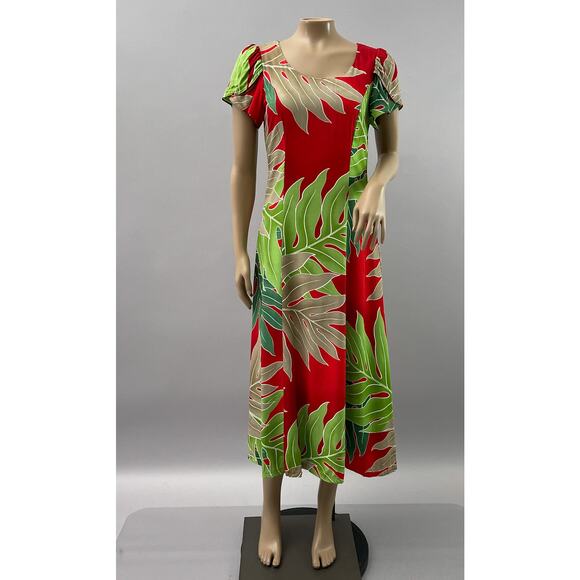 Hilo Hattie Hawaiian Original Dress Women S Leaf Print Red Green Maxi Midi - Picture 1 of 10